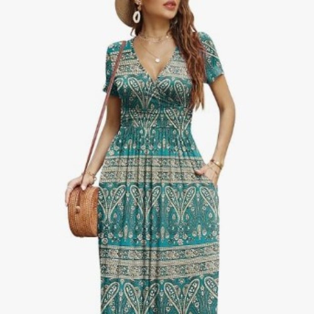 Women's Short Sleeve V-Neck Maxi Dress, Pleated Waist, Pockets